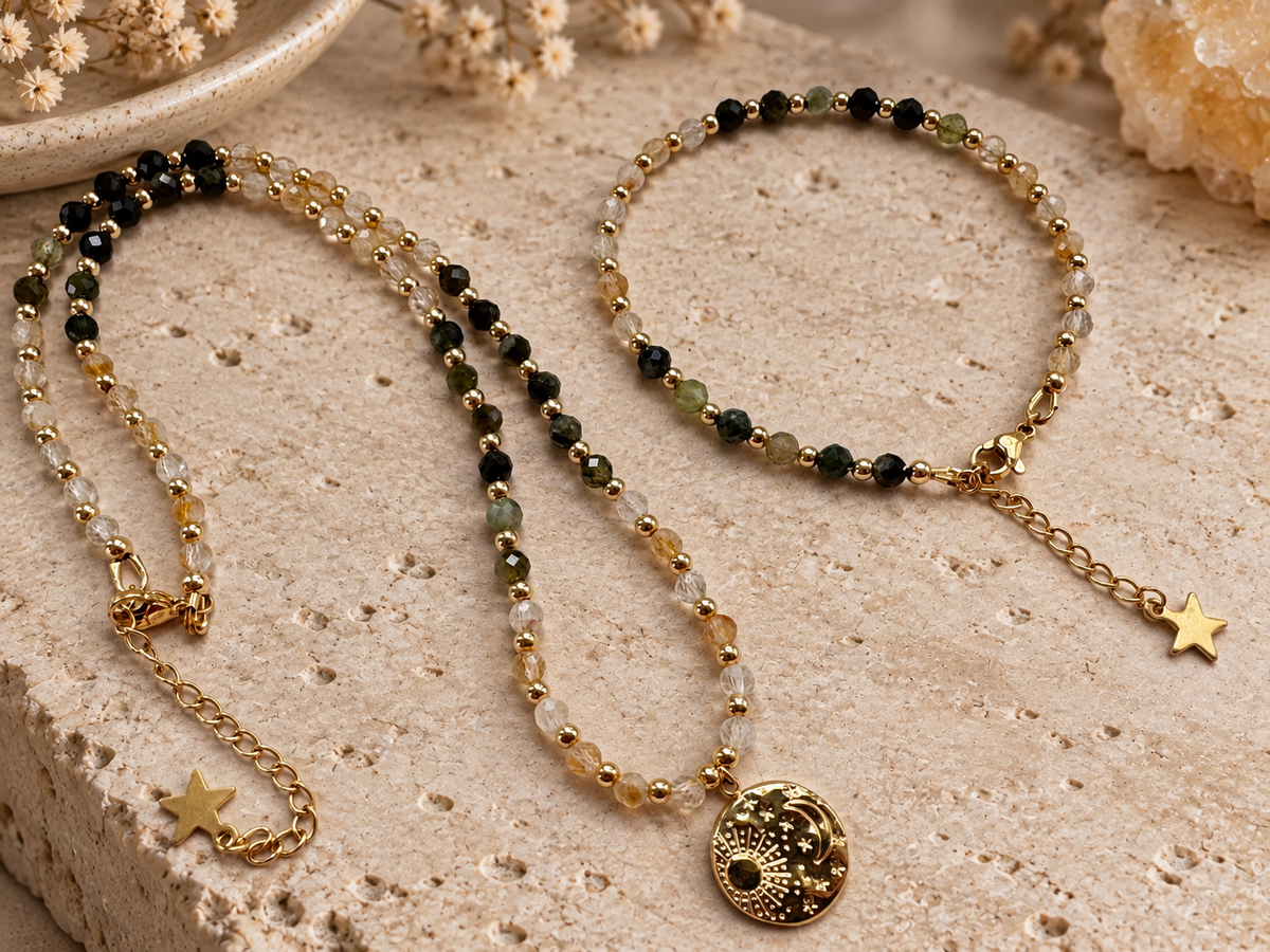 Collier tourmaline verte et citrine