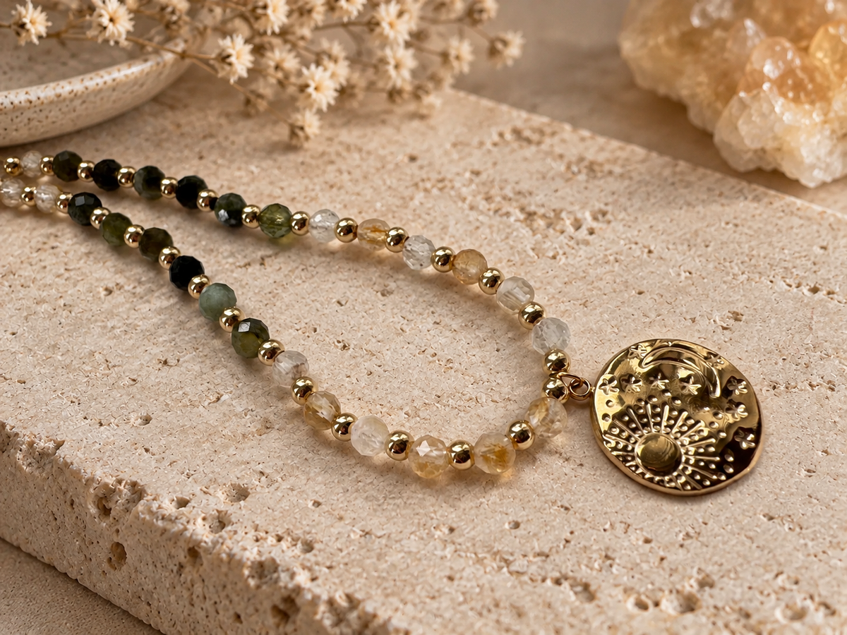 Collier tourmaline verte et citrine