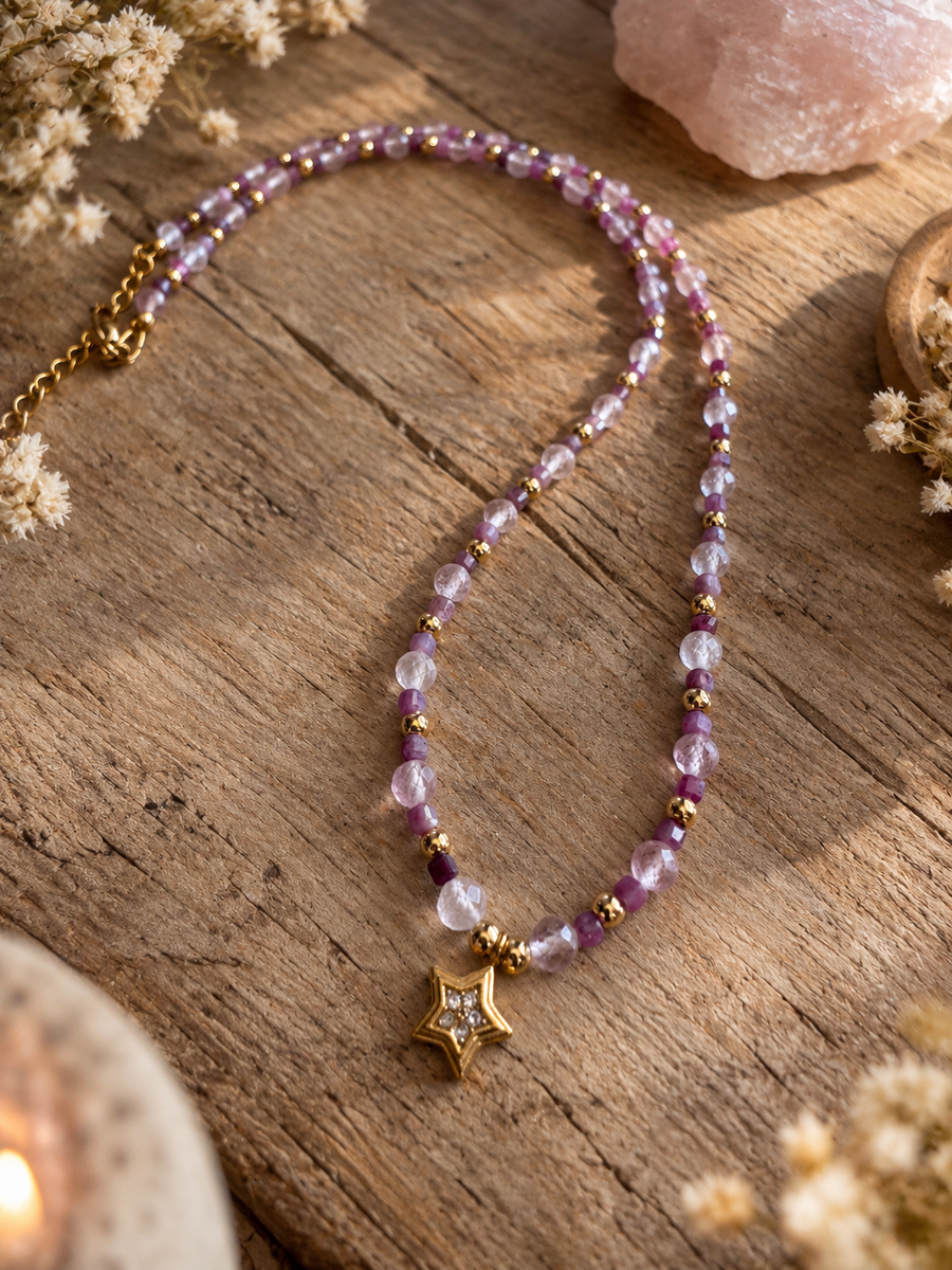 Collier en quartz fraise et rubis